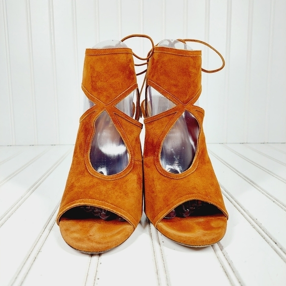 Aquazzura Brown Suede Cut Out Open Toe Lace Back Ankle Boots Sandals Heels B178 - Picture 3 of 12